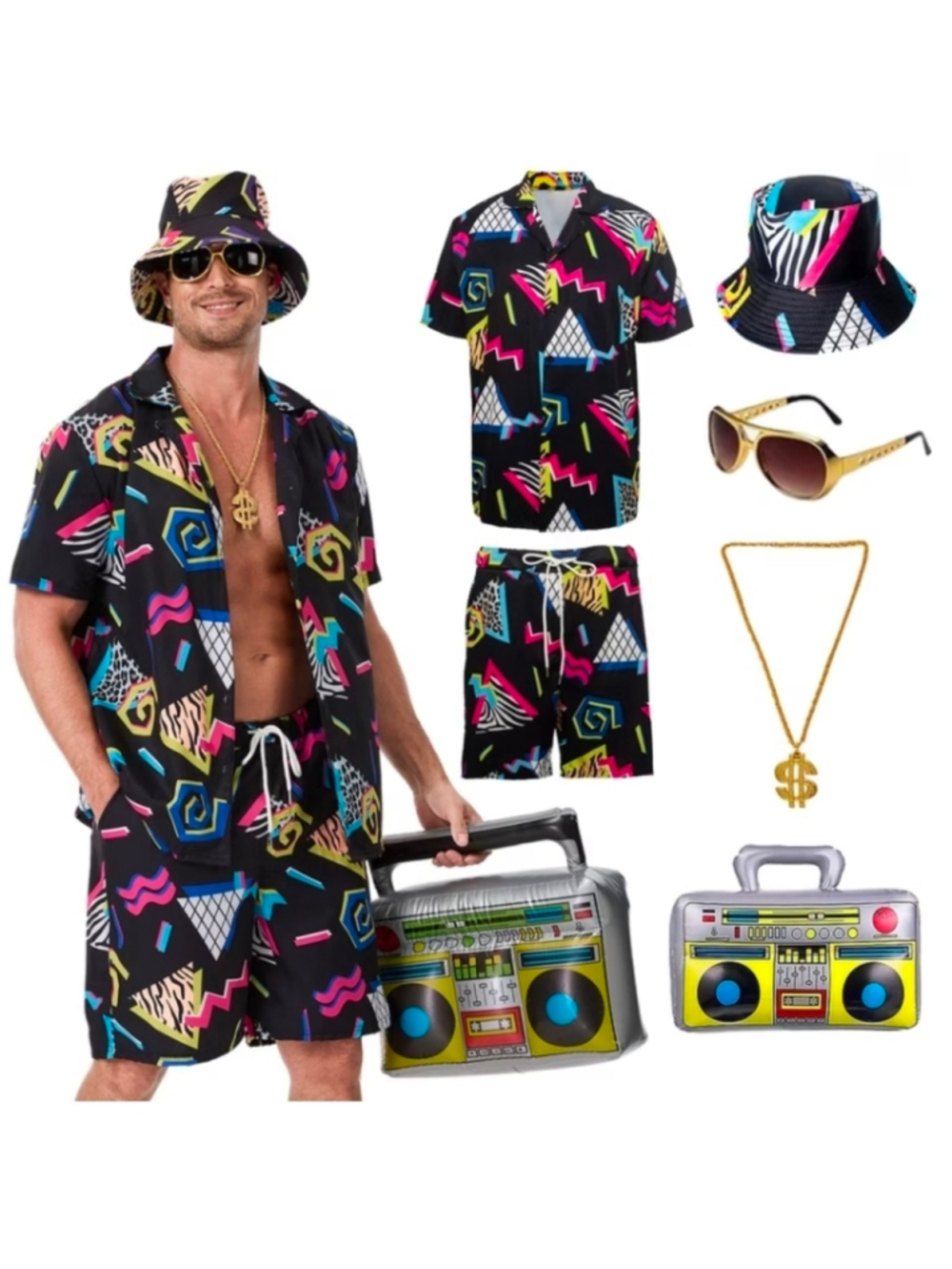 80s 90s Men's vibrant geometric print 6 pc. costume size XL